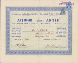 Acțiune 500 lei Societatea Baie Strand Sibiu, 1936