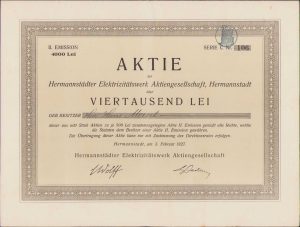 Acțiune 4000 lei Hermannstädter Elektrizitätswerk Aktiengesellschaft, Sibiu, 1927