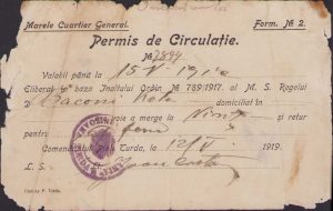 Permis de circulație valabil pentru trei zile, mai 1919, emis de Comenduirea Pieței Turda