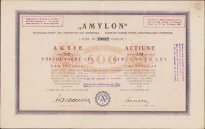 Acțiune 500 lei Amylon, Societate Anonimă pentru Industrializarea Cartofilor, Sibiu, 1920