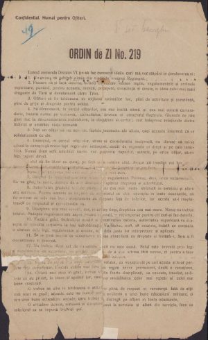 Ordinul de zi no 219 din 9 februarie 1918, dat de generalul Gheorghe Dabija, noul comandant al Diviziei 6 Infanterie, dat la Comănești, județul Bacău