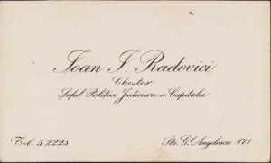 Cartea de vizită a chestorului Ioan I Radovici, șeful Poliției Judiciare a Capitalei, anii 1940