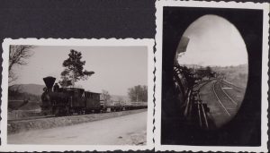 Lot de două fotografii, 1943, locomotivă pe linie îngustă, linia Piatra Neamț - Tarcău, respectiv la Cacica