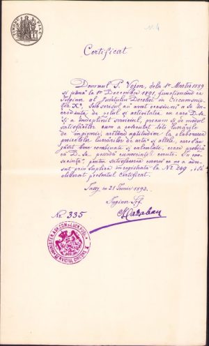 Certificat de competență profesională semnat de inginerul François Cazaban, strămoșul tuturor Cazabanilor care au trăit și creat în România, unii dintre ei aflați în vârful intelectualității țării, dat în anul 1893 la Iași pentru inginerul Prosper Vojen