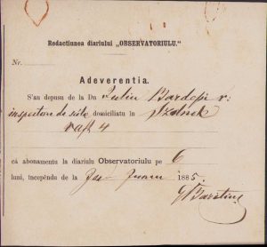 Semnătura lui Gheorghe Barițiu, manu propria, 1885, pe chitanță a ziarului Observatoriulu