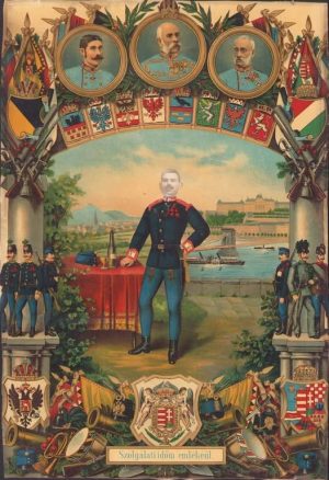 Litografie "amintire din timpul serviciului meu militar" al caporalului de origine română Alpin Florea din Regimentul 64 Infanterie austro-ungară de la Orăștie