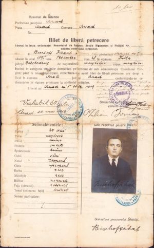Bilet de liberă petrecere, 1919, Arad, pentru supus străin aflat pe teritoriul aflat sub administrația Consiliului Dirigent român