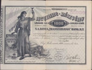 Acțiune de 1.000 lei, Banca Transsylvania, Cluj, 1928