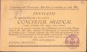 Comandamentul Garnizoanei Alba Iulia și reședința pe județ Alba, invitație la concertul muzical dat de Bobotează, 1947