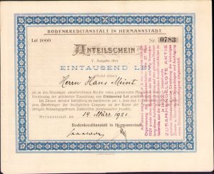 Acțiune 1000 lei Bodenkreditanstalt in Hermannstadt 1921