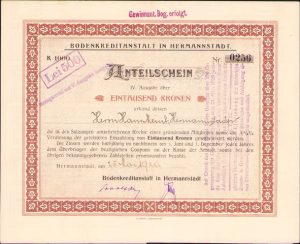 Acțiune 1000 coroane, supraștampilată 500 lei, Bodenkreditanstalt in Hermannstadt, 1920