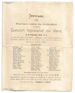Invitare, Tinerimea română din Oradea-Mare arangiază Concert împreunat cu dans la 23 februarie 1899 st n în sala cea mare a hotelului Arborele verde pentru ajutorarea tinerimei ștudióse din loc