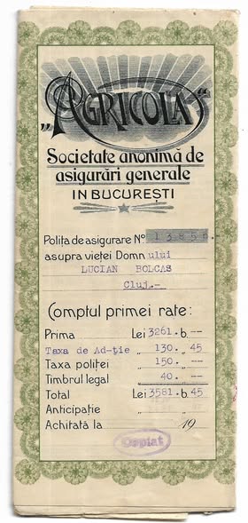 Poliță de asigurare Agricola, 1923
