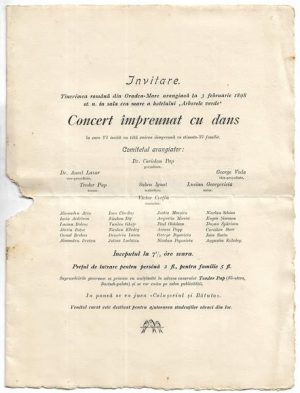 Invitare, Tinerimea română din Oradea-Mare arangiază Concert împreunat cu dans la 23 februarie 1899 st n în sala cea mare a hotelului Arborele verde pentru ajutorarea tinerimei ștudióse din loc