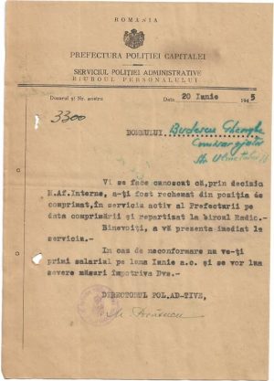 Rechemare din poziția de comprimat și repartizarea la biroul Radio pentru un comisar, 1945, Prefectura poliției municipiului București