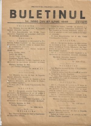 Buletinul Prefecturii poliției Capitalei din 27 iunie 1945, secret