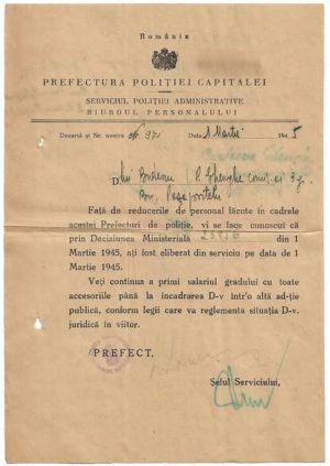 Înștiințare eliberare din serviciu către un comisar, Prefectura poliției municipiului București, 1945