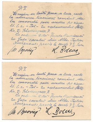 Două întreguri poștale, 1899, semnate manu propria de Lucian Bolcaș convocând tinerimea română la adunare