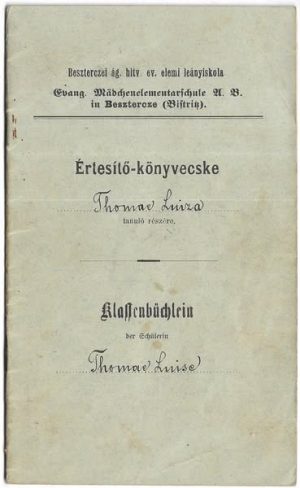 Carnet de elev, Școala primară evanghelică de fete, Bistrița, 1908