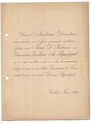 Invitație la nunta viitorul primar al orașului Galați, Ioan D Prodrom, Galați, 1901