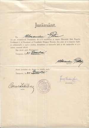 Jurământ de credință către Regele Ferdinand I și Consiliul Dirigent, Timișoara, 1919, cu semnătura primului primar român al orașului Timișoara, Stan Vidrighin