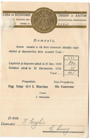 Casa de economie, credit și ajutor a corpului didactic din învățământul românesc, informare privind situația capitalului sculptorului Ioan Sârghie, 1936