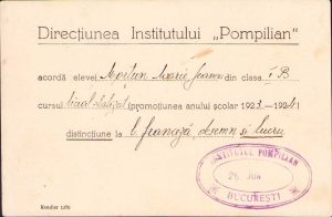 Distincțiune la limba franceză, desen și lucru pentru o elevă a Institutului Pompilian din București, 1924