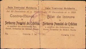 Bilet de intrare la Serbarea Pomului de Crăciun a copiilor din Orfelinatul Societății Ocrotirii Orfanilor de Răsboiu, 1920, Buzău