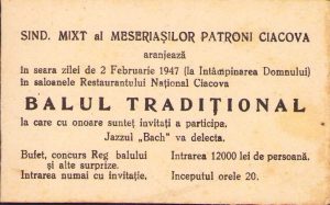Invitație la Balul tradițional al meseriașilor patroni din Ciacova, județul Timiș, 1947
