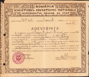 Adeverință absolvire 4 clase primare, 1942, Școala primară de băieți nr 18, București