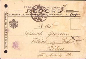 Carte poștală cu antet Fabrica de încălțăminte Record N Brovar, Chișinău, Basarabia, 1938
