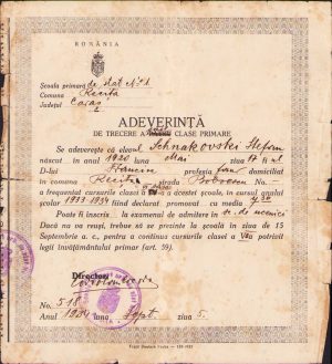 Adeverință de trecere a șase clase primare, 1931, Reșița