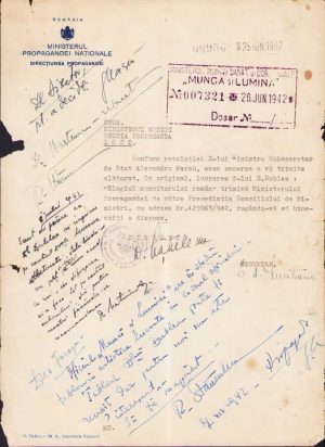 Ministerul Propagandei Naționale, 1942, către secția Propagandă a Ministerului Muncii