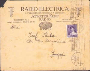 Plic cu antetul firmei Radio-Electrica din București și reclamă la noul model din anul 1929 al radioului Atwater Kent