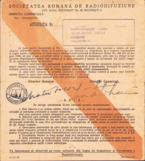 Autorizație pentru instalarea unui post receptor radiofonic, 1945, Timișoara