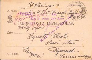 Carte poștală austro-ungară circulată la Arad, ștampilă kuk Fest Inf Baon, 1914