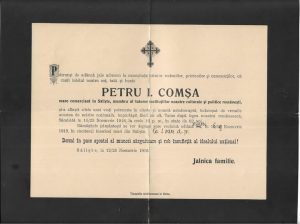 Necrologul lui Petru Comșa din Săliște, Sibiu, 1918