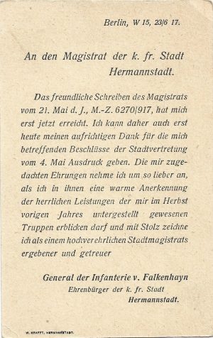 Generalul german Erich von Falkenhayn, cetățean de onoare al orașului Sibiu, mulțumește magistratului orașului Sibiu pentru onoarea făcută (acordarea cetățeniei de onoare), 1917