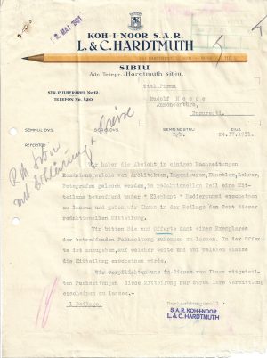 Act cu antet Koh-I-Noor SAR, L & C Hardtmuth, Sibiu, 1931