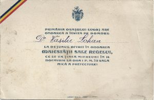 Invitație la dejunul oferit în onoarea Regelui Ferdinand, dată de primăria orașului Lugoj directorului liceului Coriolan Brediceanu din localitate, Vasile Lohan, 1923