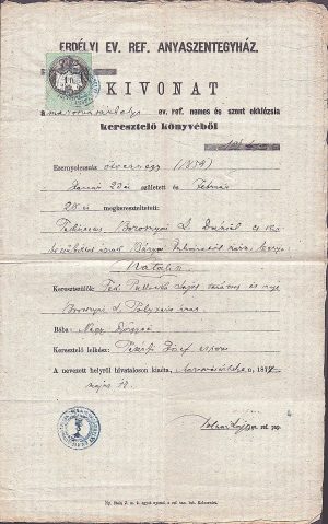 Kivonat keresztelő könyvéből Marosvásárhely/Extras din matricula botezaților Târgu Mureș, 1877