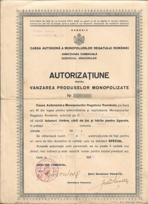 Autorizațiune pentru vânzarea produselor monopolizate (tutunuri, timbre, cărți de joc și hârtie pentru țigarete), Orhei, Basarabia, 1943, pentru a servi de titlu doveditor al calității de debitant special.