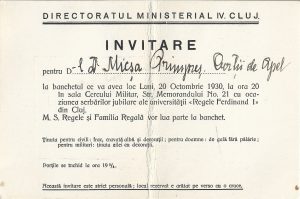 Invitație la banchetul dat cu ocazia serbărilor jubiliare a Universității Regele Ferdinand I din Cluj, 1930, adresată președintelui Curții de Apel Cluj, Pompei Micșa, cu participarea Regelui și a Familiei Regale