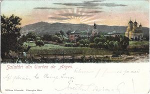 Salutări din Curtea de Argeș, Editura Librăriei Gheorghe Mitu, carte poștală circulată Curtea de Argeș - Ploiești, 1907