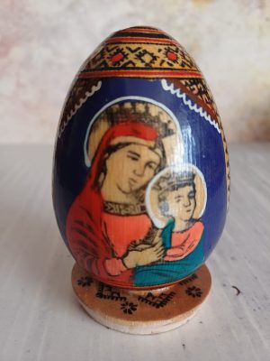 Ou din lemn pictat manual cu motive religioase, Fecioara Maria cu pruncul