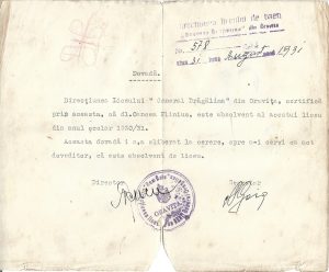 Dovada de absolvire a Liceului General Dragalina din Oravița a lui Plinius Oancea, fiul lui Petru E Oance (Tata Oance), 1931