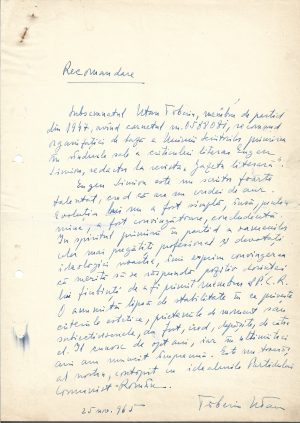 Tiberiu Utan, recomandare scrisă și semnată olograf pentru primirea criticului literar Eugen Simion ca membru în Partidul Comunist Român, 1965