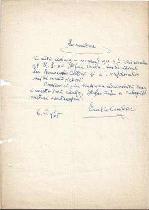 Document scris și semnat olograf de Eusebiu Camilar, 1965