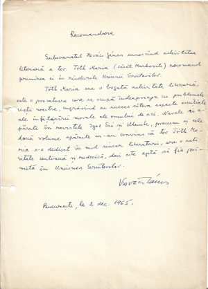 Document scris și semnat olograf de Kovács János referitor la Tóth Maria, 1965