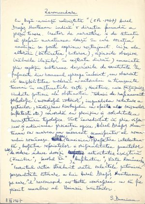 Document scris și semnat olograf de Sami Damian referitor la Aurel Dragoș Munteanu, 1967